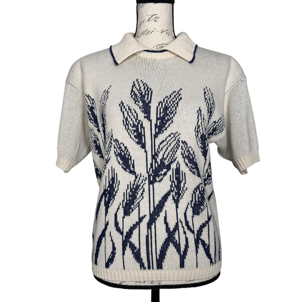 Alfred Dunner Vintage Collared Polo Botanical Knit Pullover Sweater Top